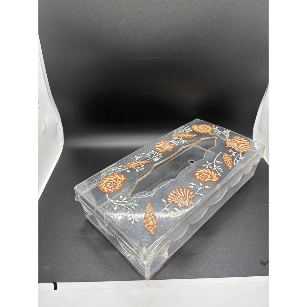 Wolff Tissue Box Holder Cover Clear‎ Lucite Acrylic Plastic Peach Seashells